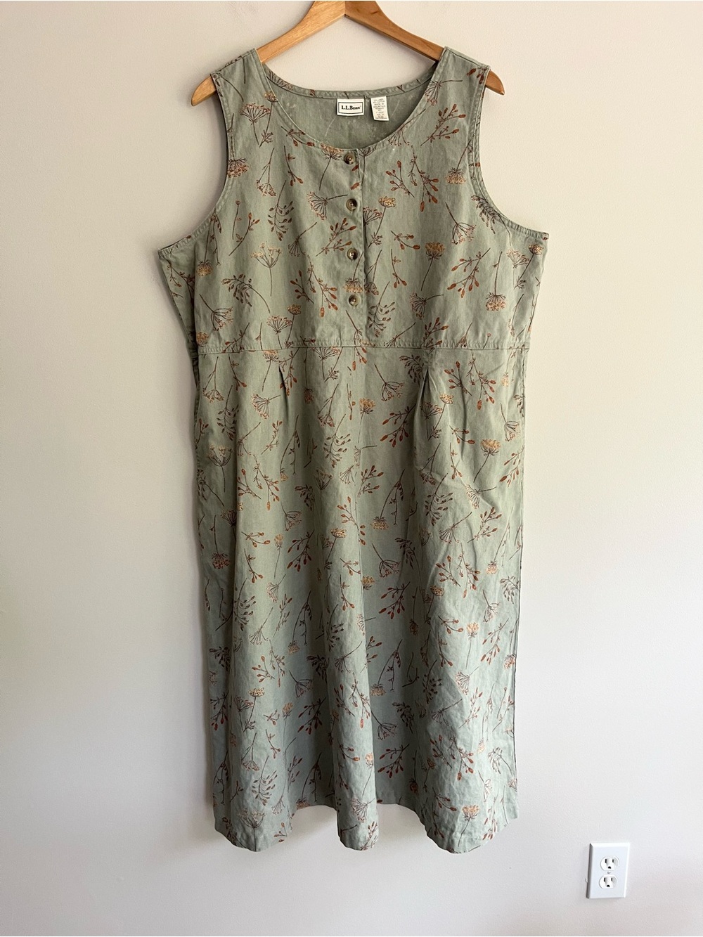 L.L. Bean Sage Green Floral Linen-Blend Midi Dress Size 20P